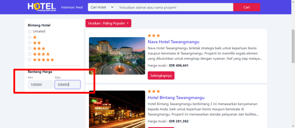 fitur sorting hasil pencarian hotel berdasarkan rentang harga dan rating hotel