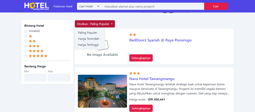sorting hasil pencarian hotel.co.id situs cari hotel murah terbaik di Indonesia
