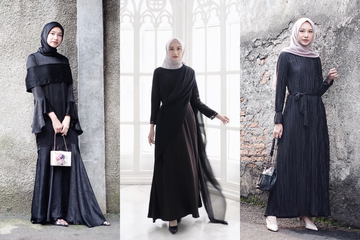 Maxi Dress Hitam dengan Hijab Warna Terang