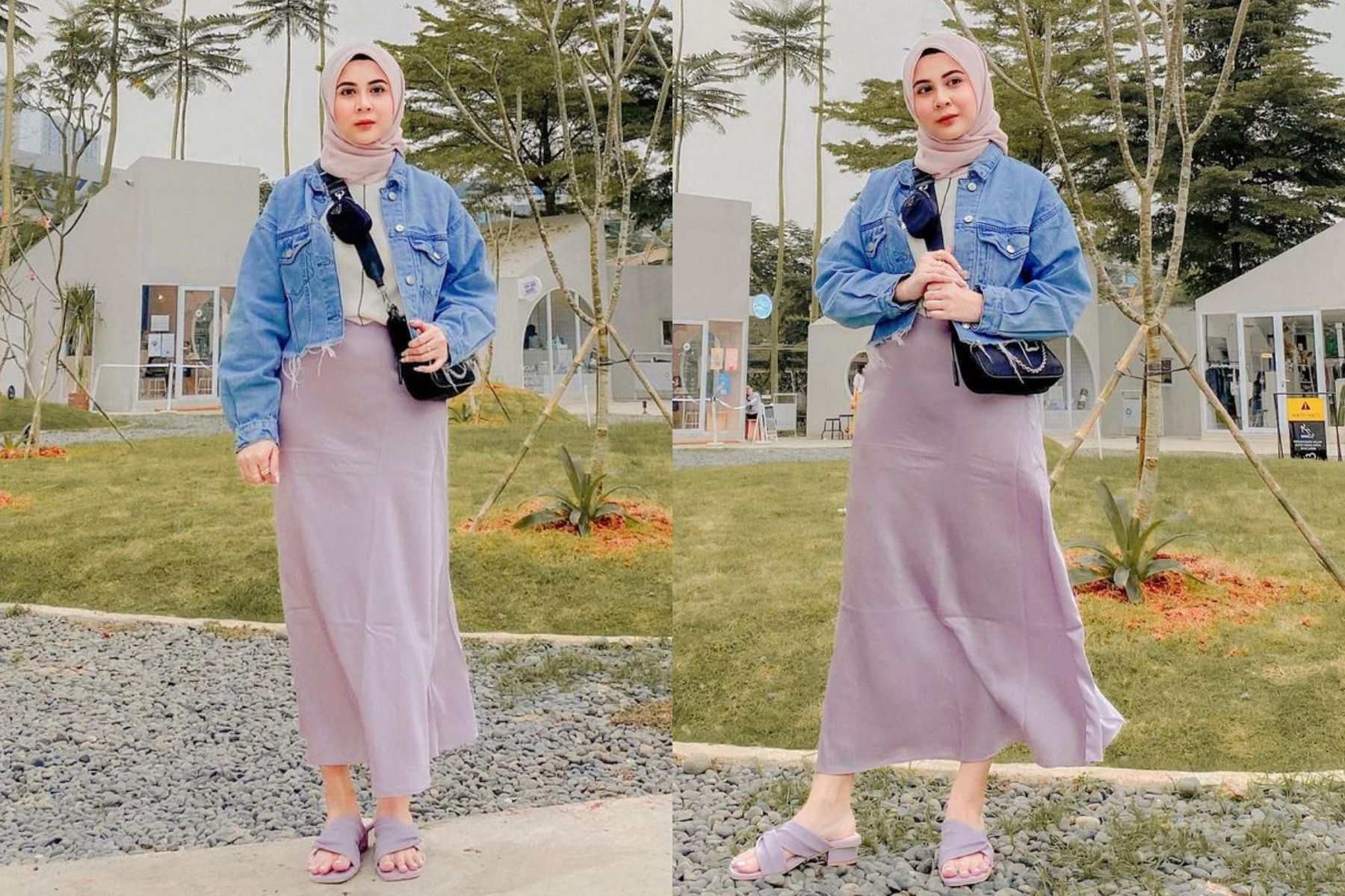 OOTD Jaket Jeans Crop Hijab dengan Setelan Rok dan Atasan