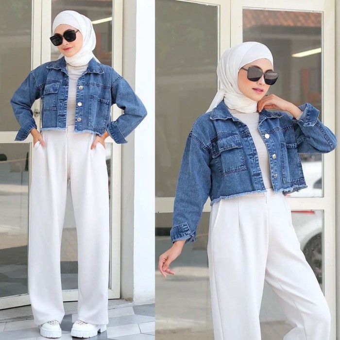 OOTD Jaket Jeans Crop Hijab dengan Dress Shirt